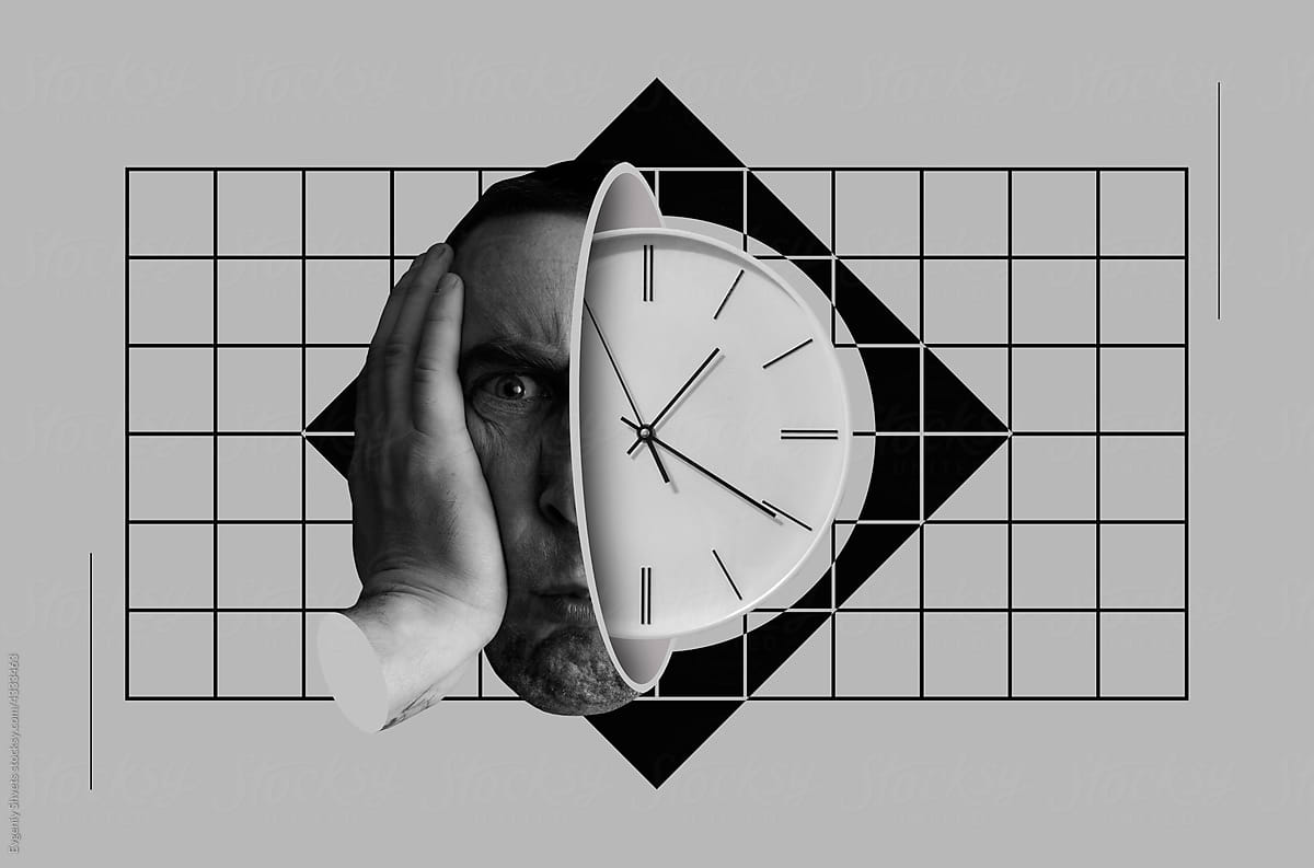 Collage with clock inside of head of a man