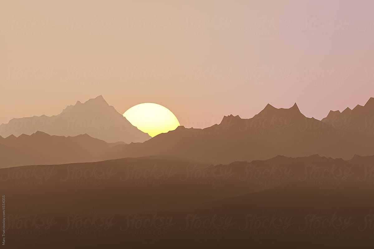 Nature vector background, landscape with mountains and sun