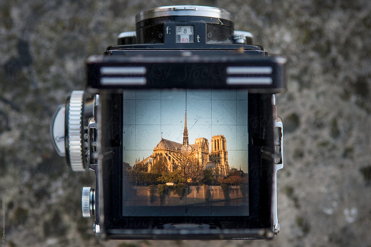 Vintage Film Medium Format Camera Photographing Notre Dame de Paris