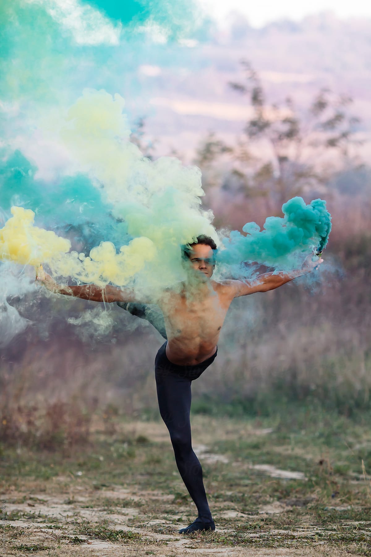 Ballet Dancer With Two Smoke Bombs Dance In Nature by Igor Madjinca
