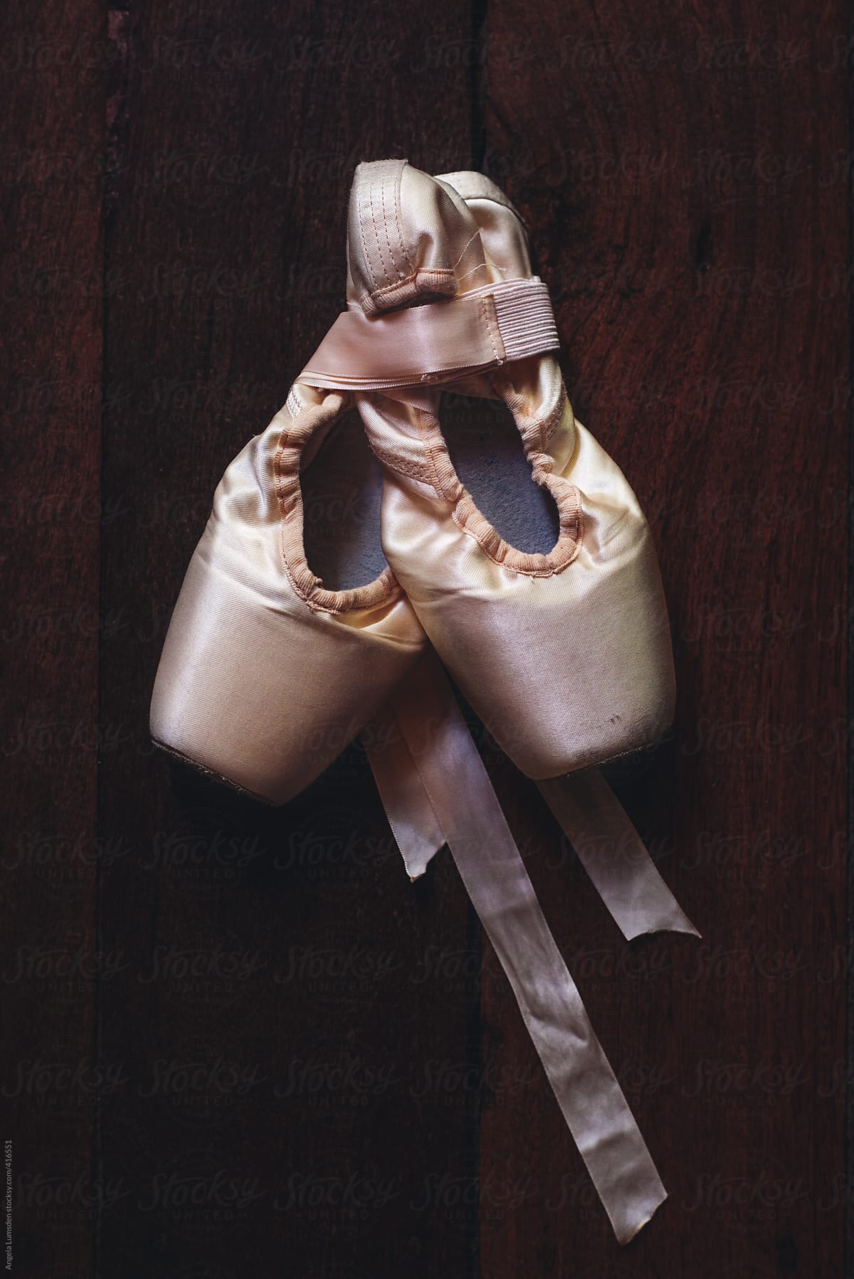 A pair of ballet pointe shoes with ribbons bound around the heels