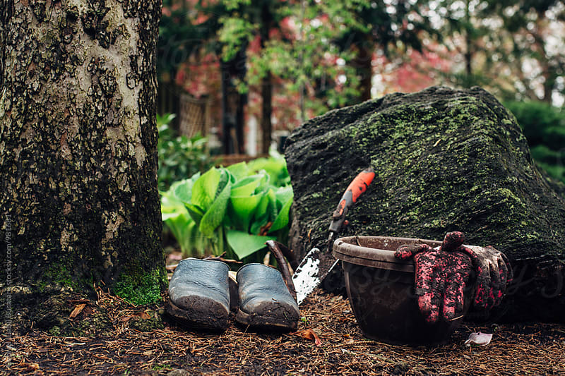 Muddy shoes, spade and gloves of a gardener