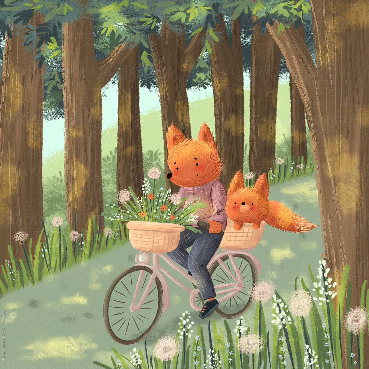 Foxes riding a bike in the park