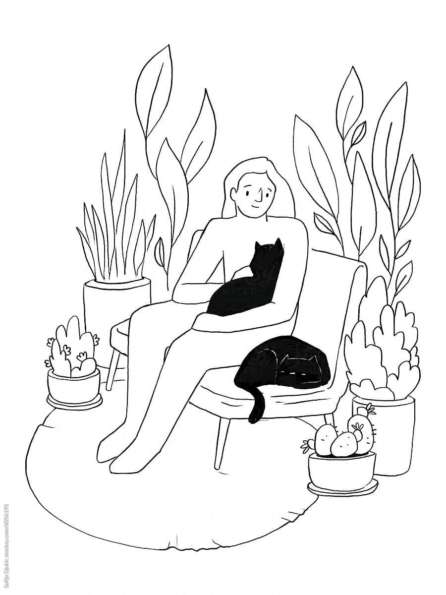 Woman relaxing at home with her plants and cats