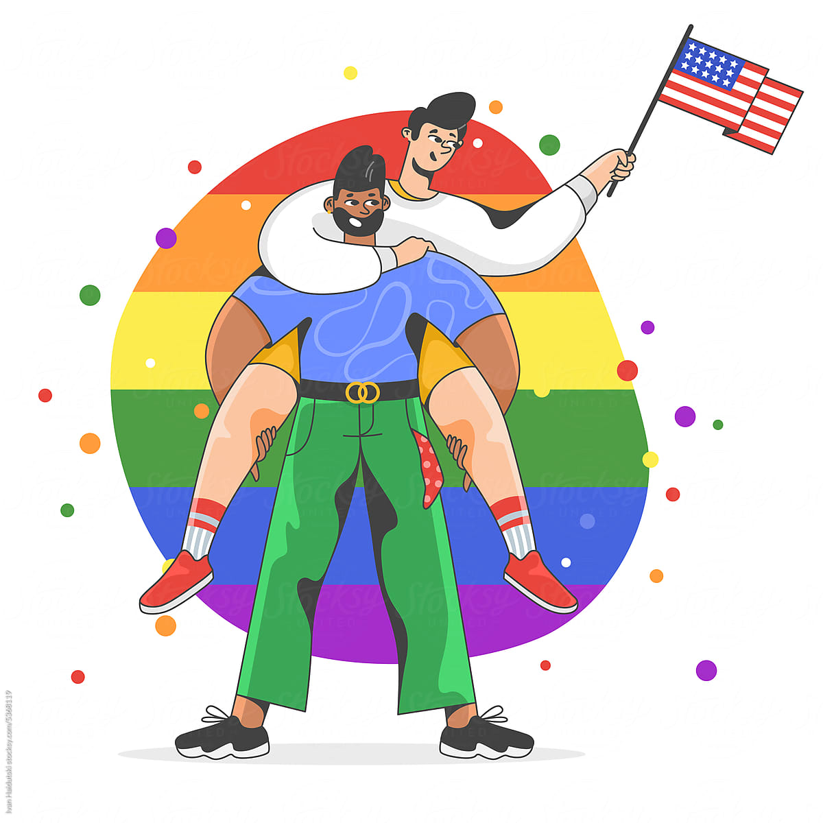 Diverse gay couple hugging holding USA flag celebrating