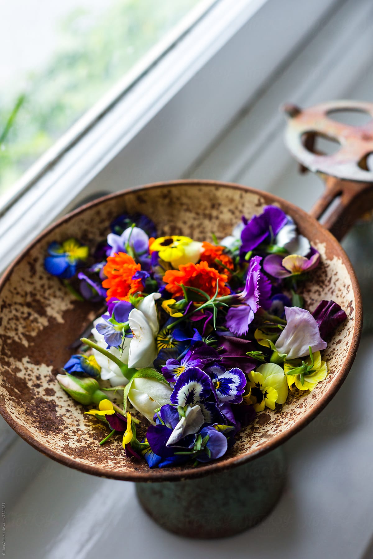 a bowl of edible flowers in a vintage scale bowl