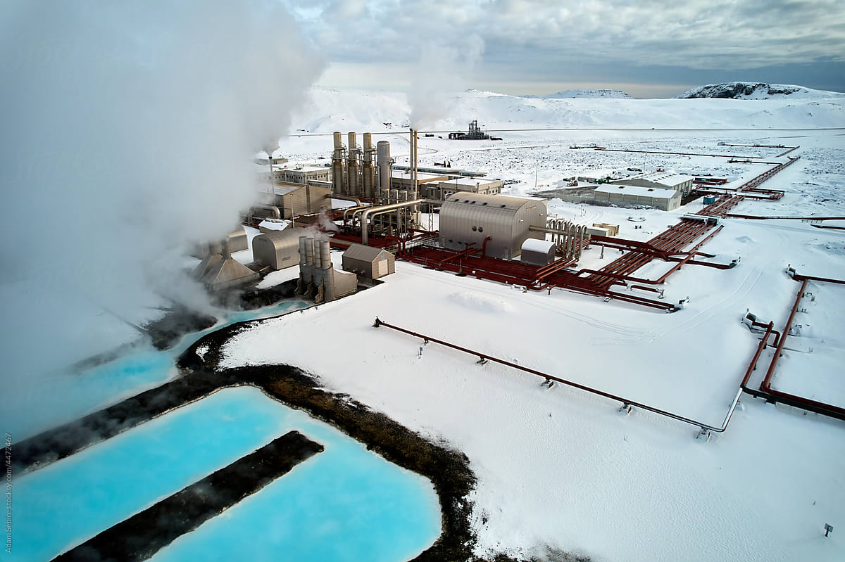 Clean renewable energy in Iceland - geothermal  power plant in winter