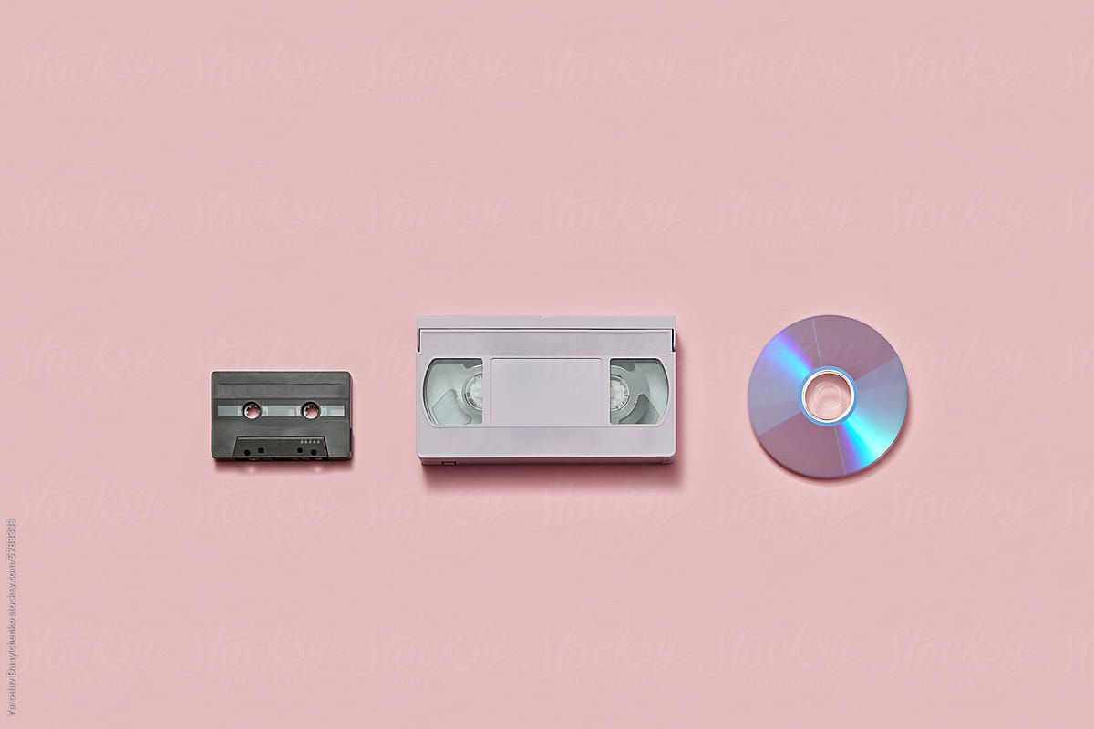 Audio tape cassette, vhs video cassette and compact disc in studio