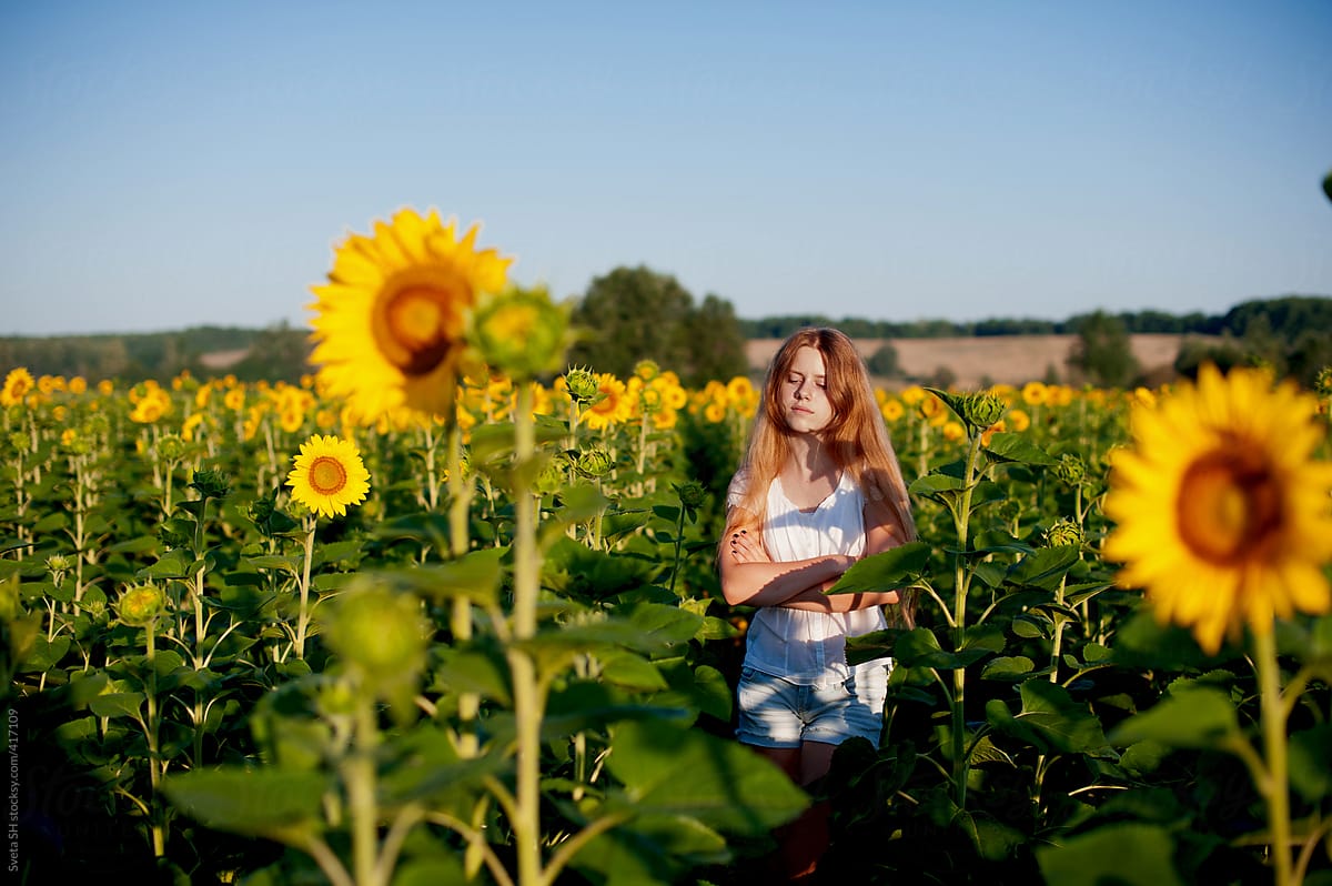 Girl with blond hair in a field of sunflowers
