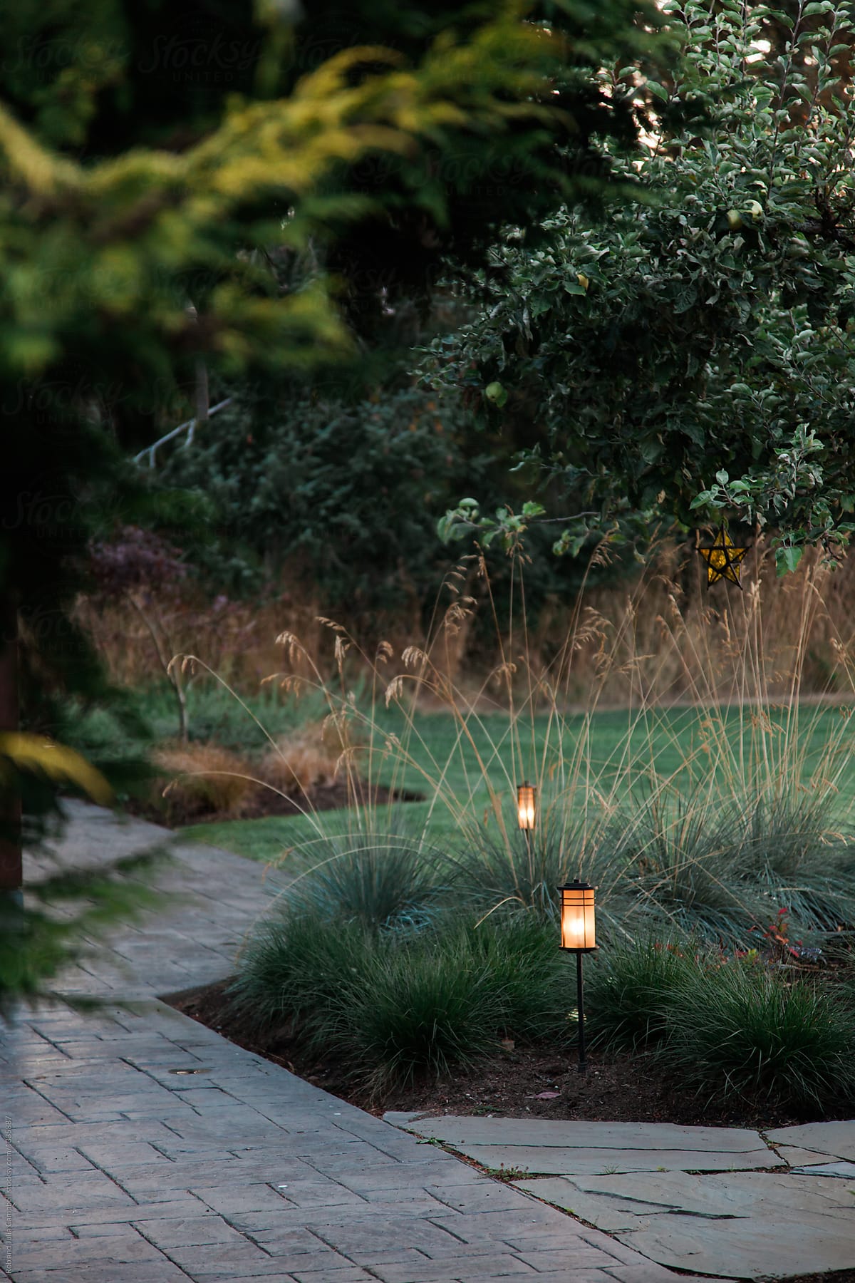 Detail of landscaping project featuring lanterns or lights