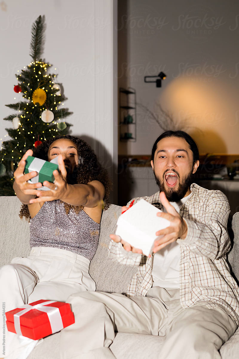 Holiday Happiness: Couple\'s Gift Exchange by the Tree