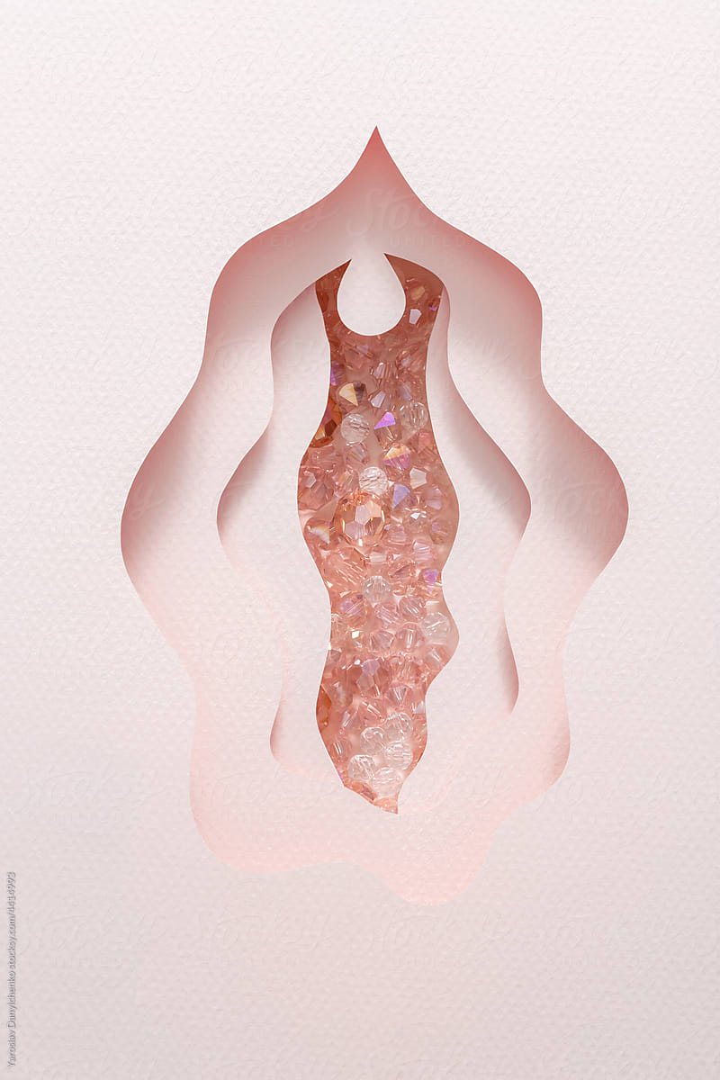Papercraft female vagina with rhinestones inside