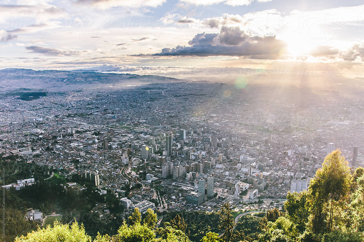 View of the city of Bogota from Monserrate mountain at sunset, Bogotá, Colombia