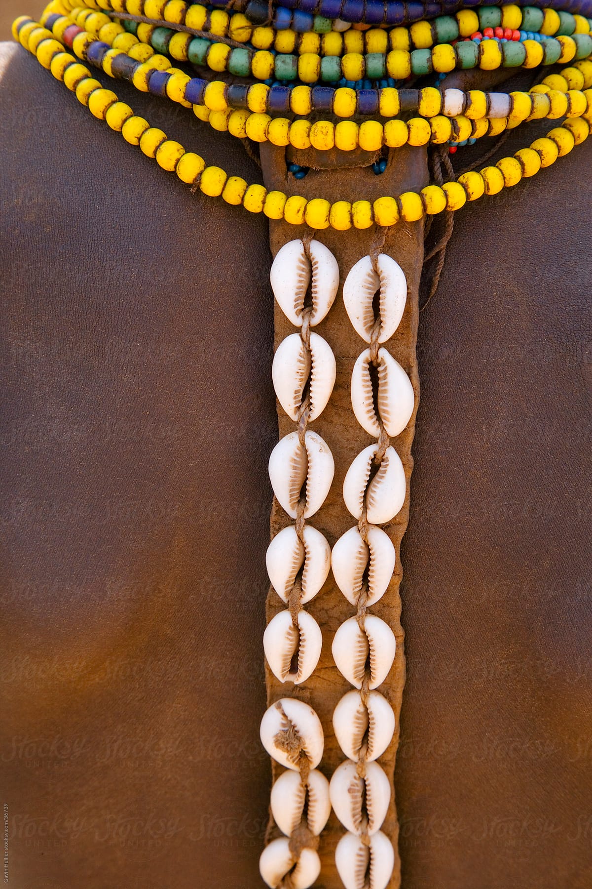 Cowry shells and colourful beads as body decoration (detail), Galeb Tribe, Lower Omo Valley, Ethiopia, Africa