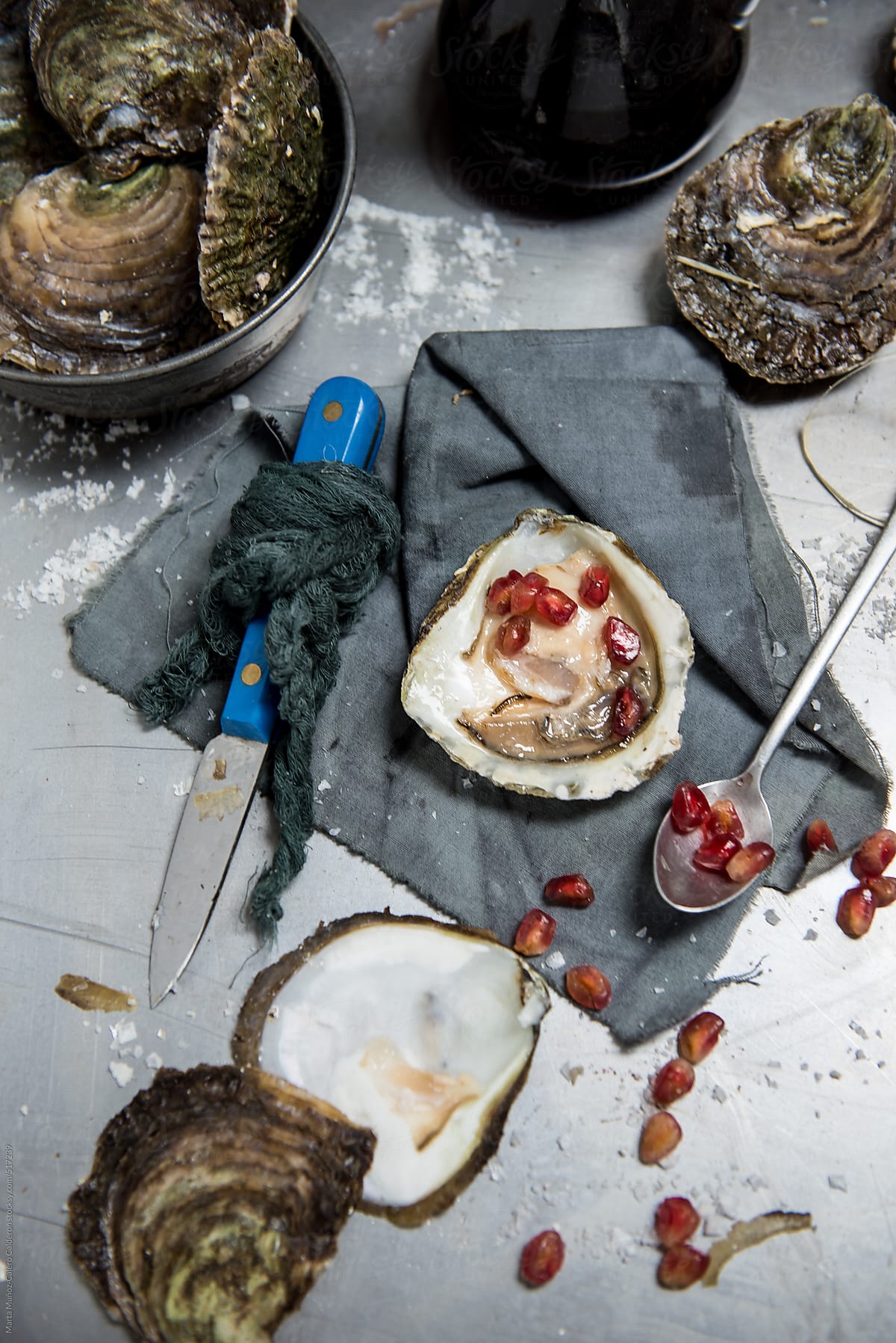 Oysters on metallic background with pomegranate and oyster knife opener