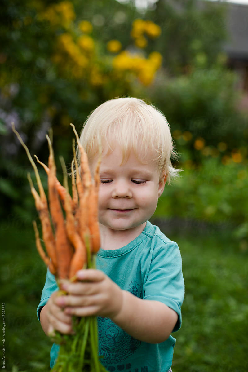 little boy with organic carrot