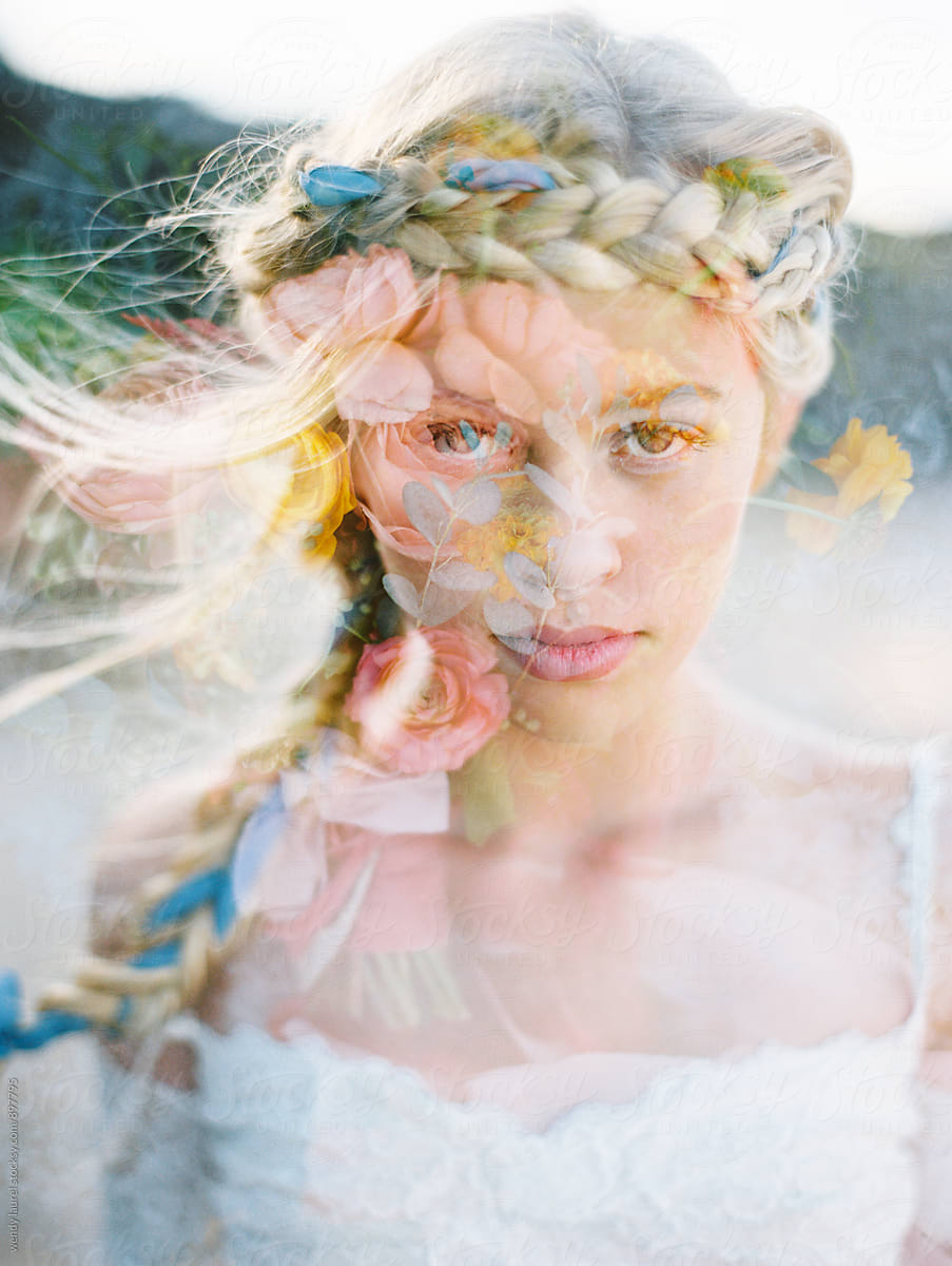 double exposure portrait of blonde bride with braid and flowers