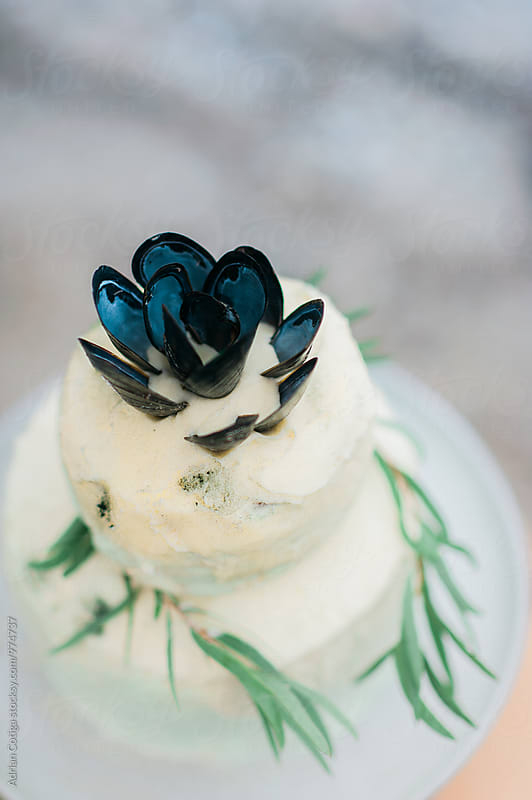 Sea inspired cake on the beach,  cake decorated with shells