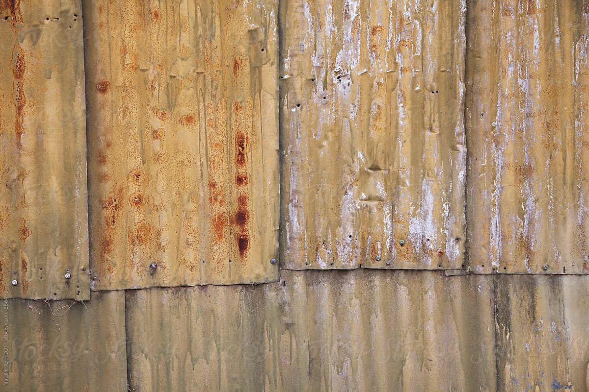 close up of old / weathered corrugated tin on a shed