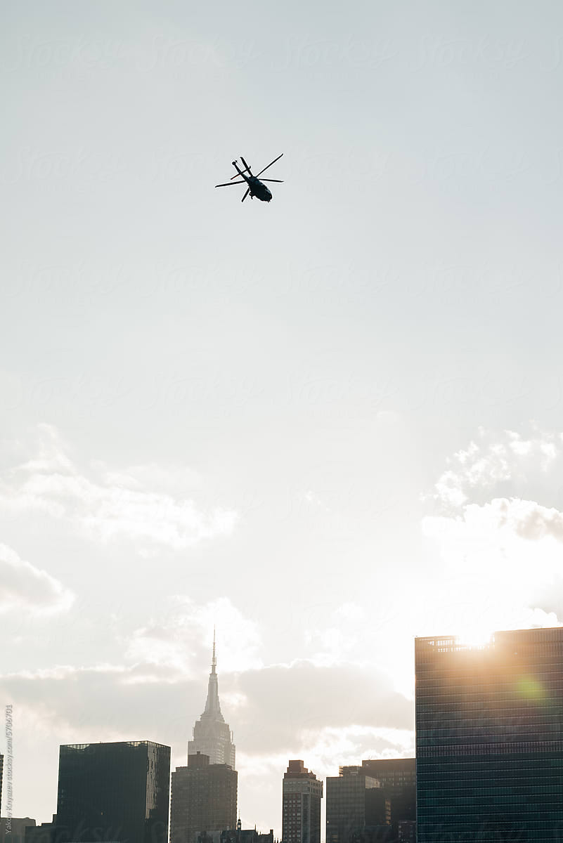 helicopter above the skyline in NYC