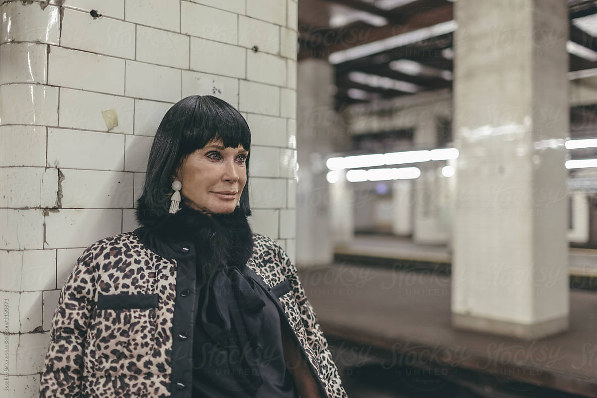Senior Caucasian Woman Fashionista in New York Subway Station Platform