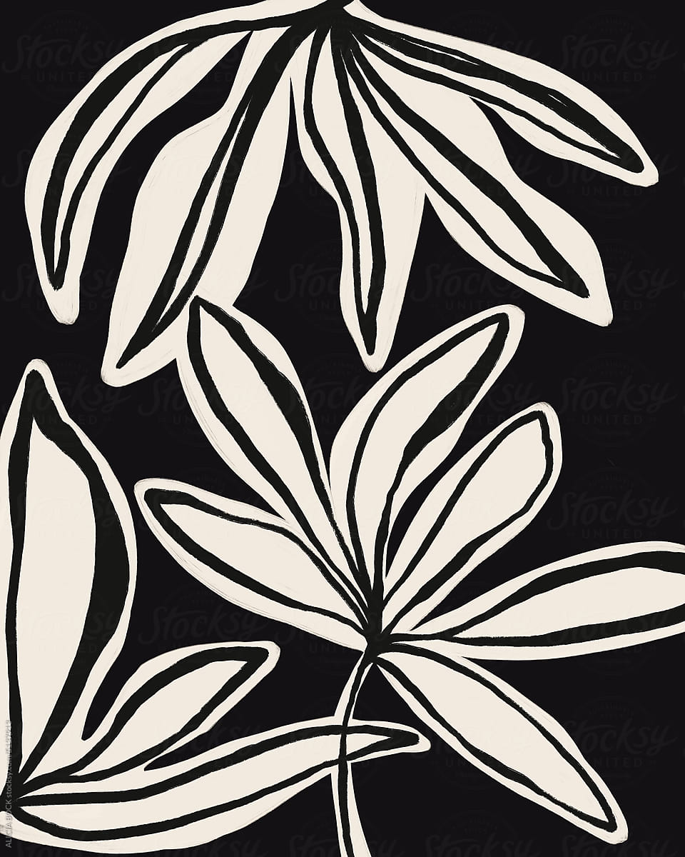 Layered Abstract Botanical Illustration In Black And White