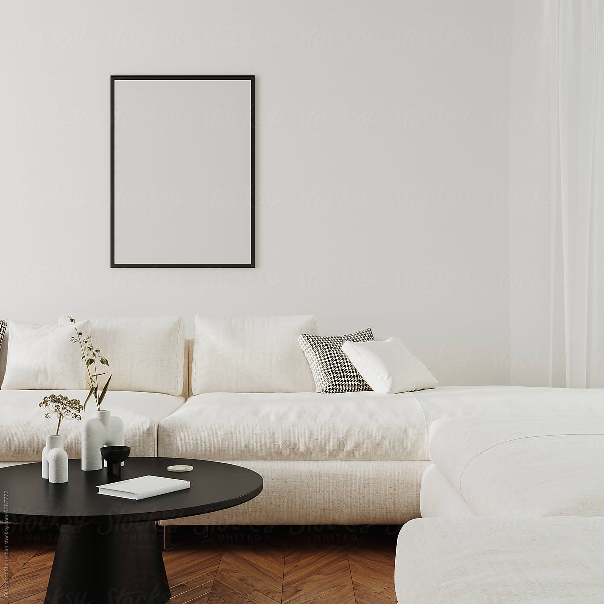 Poster frame mock up above sofa in modern and elegant room interior