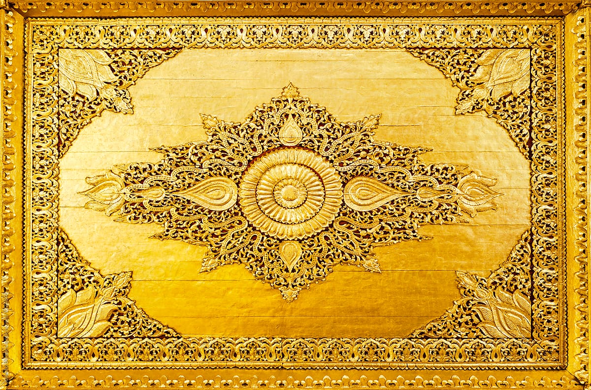 Intricate Detail of Gilded Ceiling of a Buddhist Temple in Myanmar