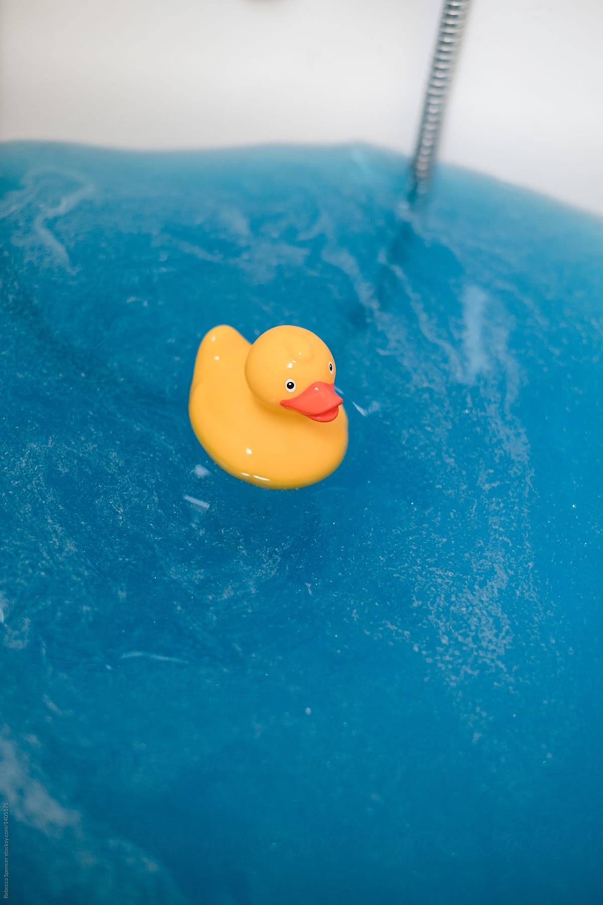 Yellow rubber duck floating in a bath of blue water