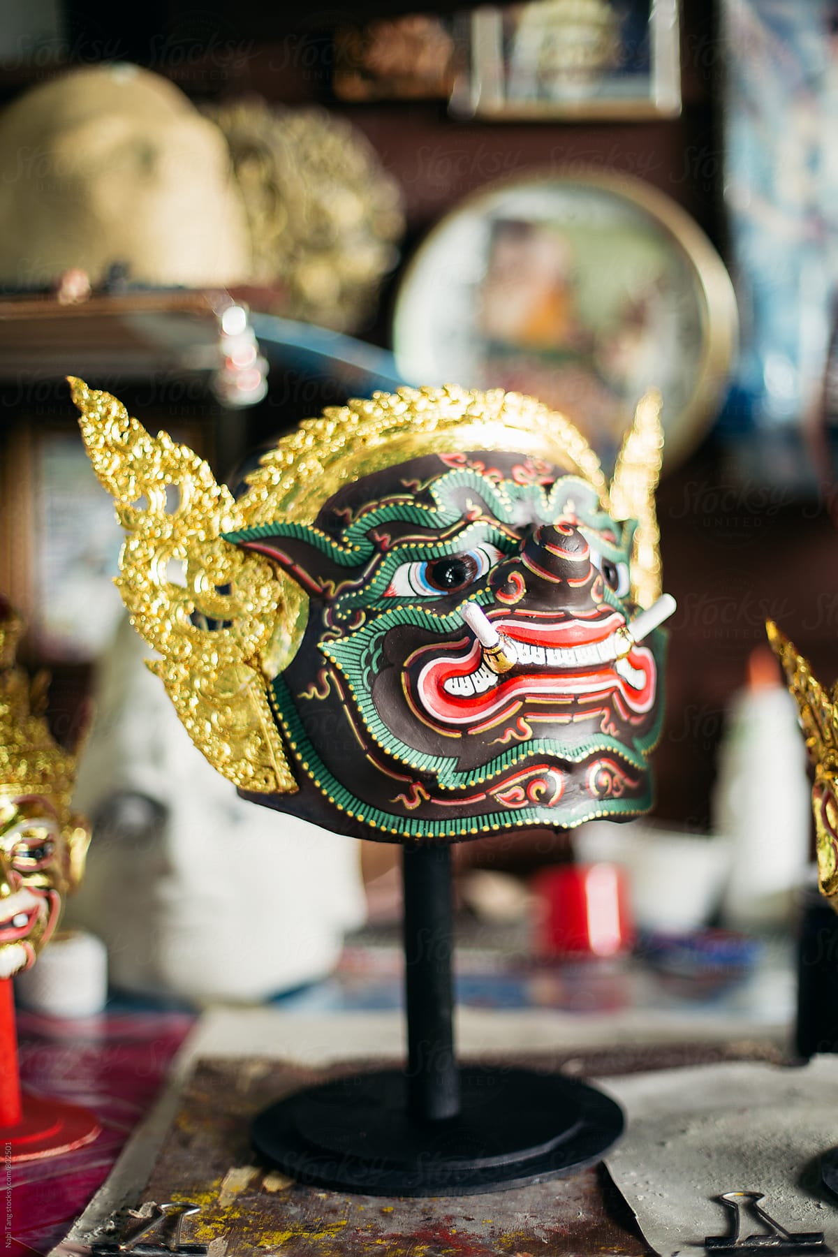 Hand painted 'Phra Phirap' mask for Thai traditional royal stage theater