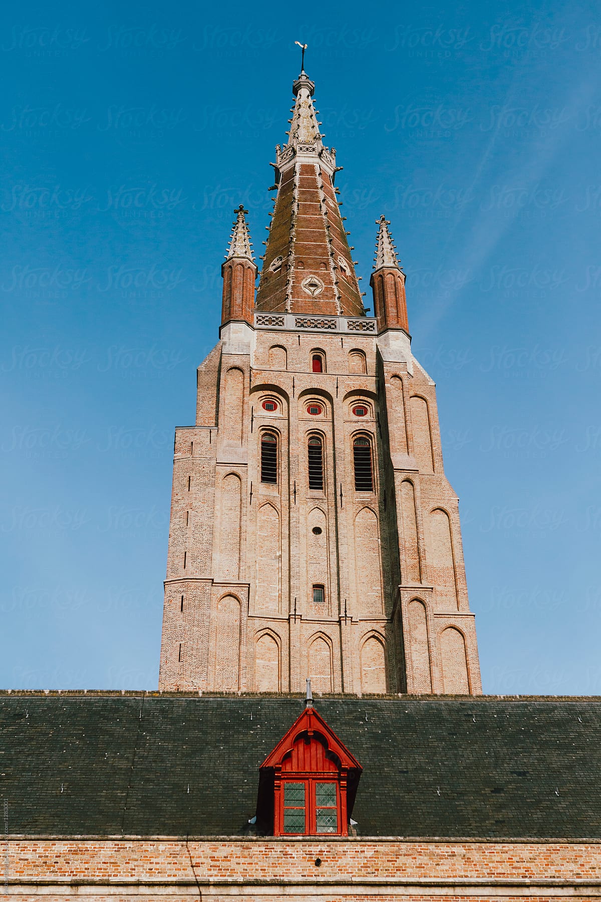 View of Church of Our Lady from the streets in Bruges, Belgium.
