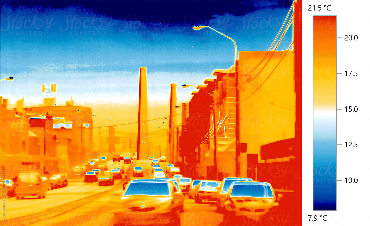 Urban heat island infrared thermal image - car traffic on city road