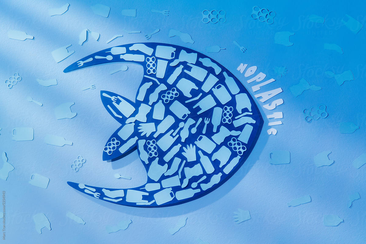 Marine animal silhouette filled with plastic garbage illustration