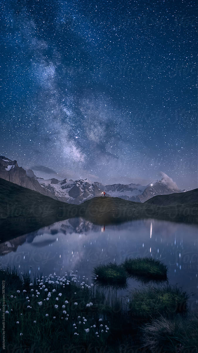 Milky way over alpine lake and mountains
