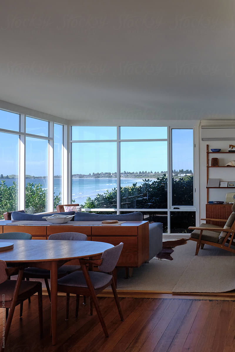 Mid-century styled living room with ocean views
