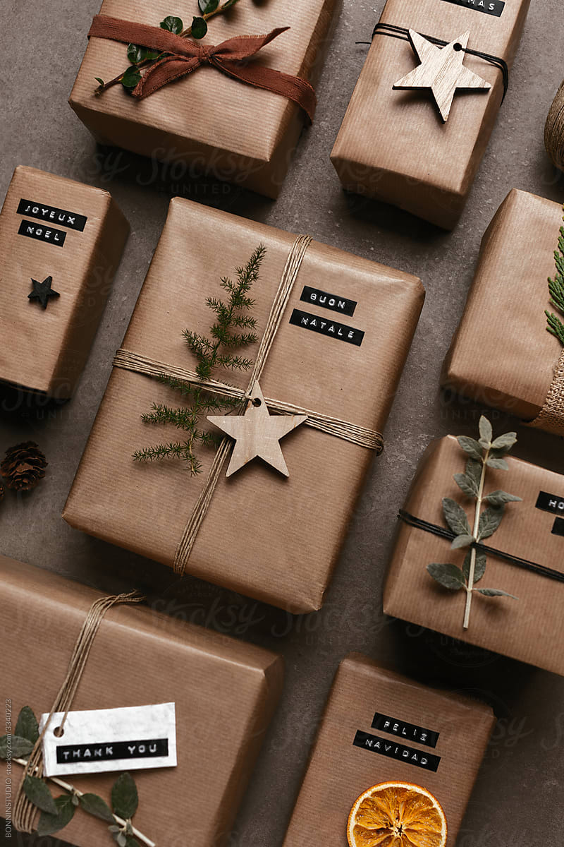 Overhead of different rustic christmas gifts