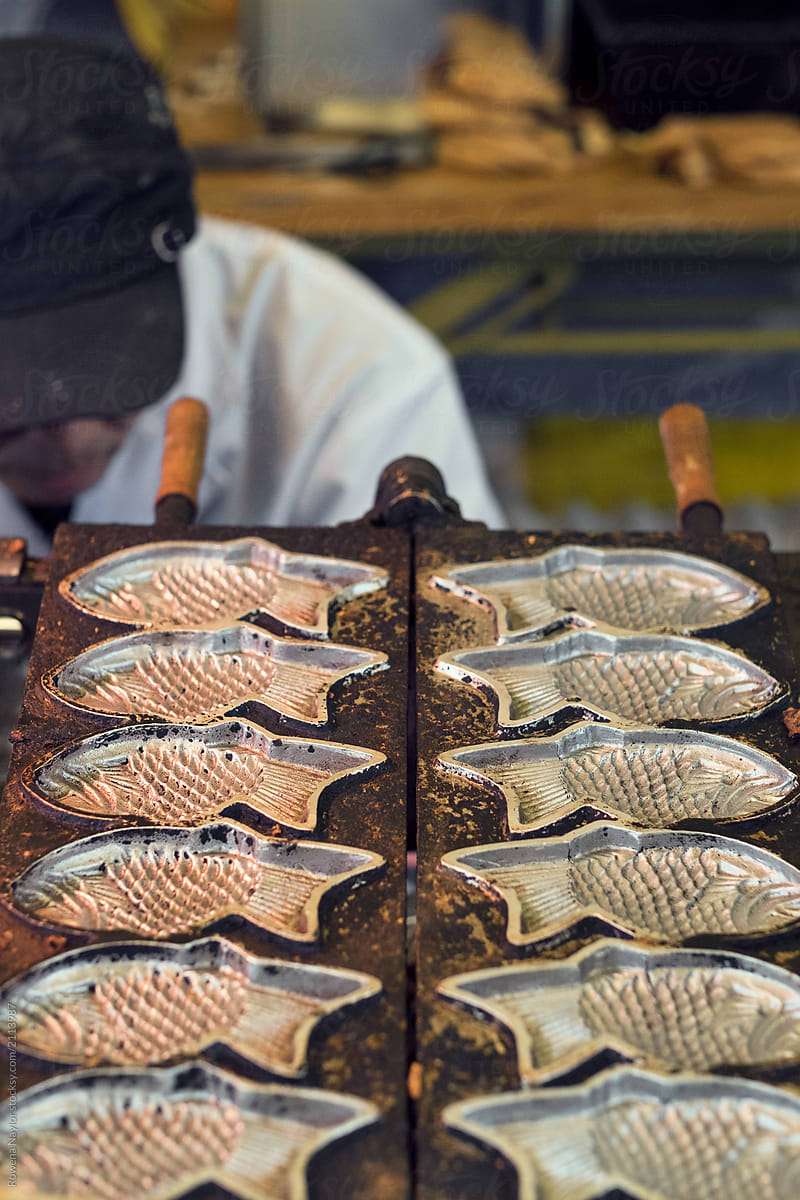 Taiyaki moulds at street food market in Japan