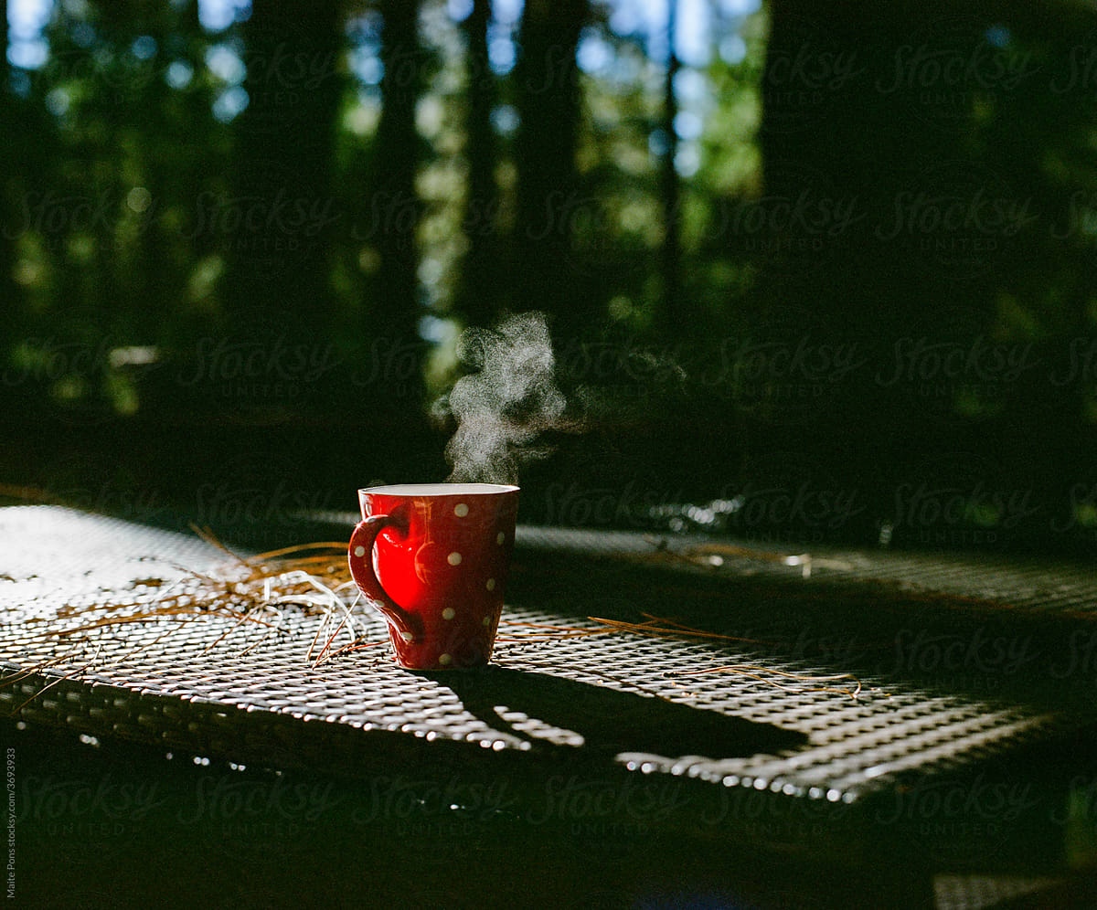 Smoking Red Mug on a Table in the Forest