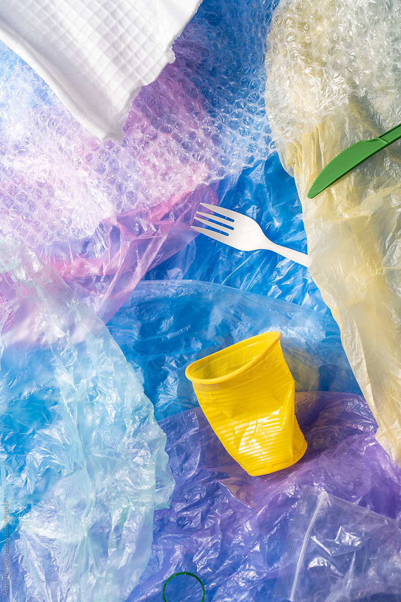 Plastic bag, waste, recycling, environmental issues. Colourful bags