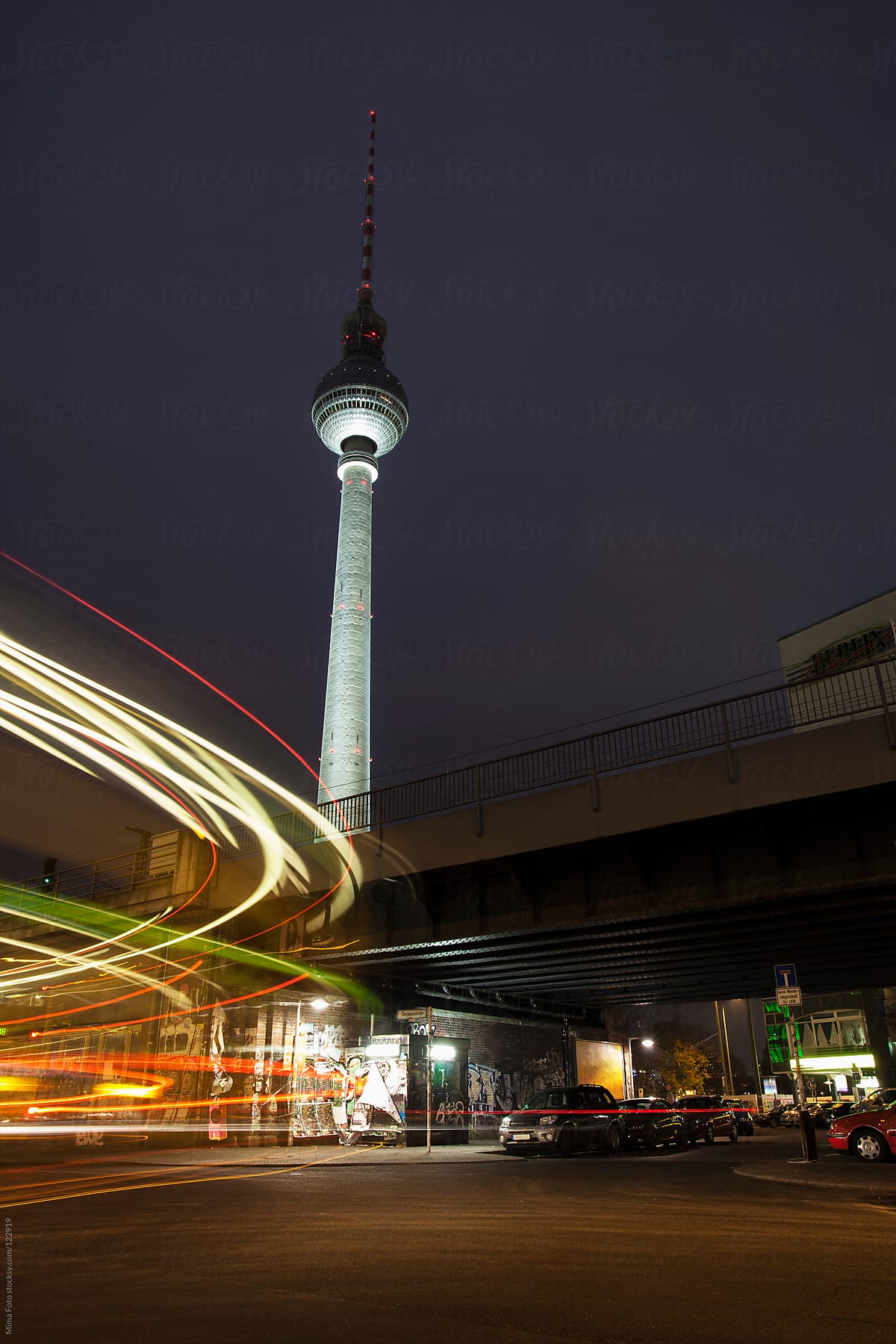 Trails of traffic lights, Alexanderplatz Berlin, Fernsehturm at night