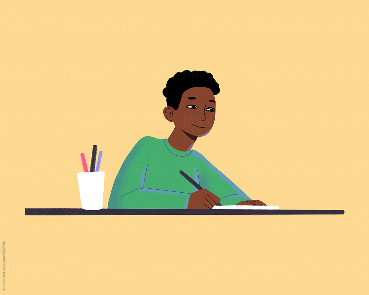 Illustration of an African-American student meticulously studyin