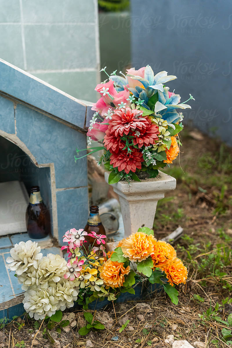 Flowers In A Rural Cemetery In Mexico.