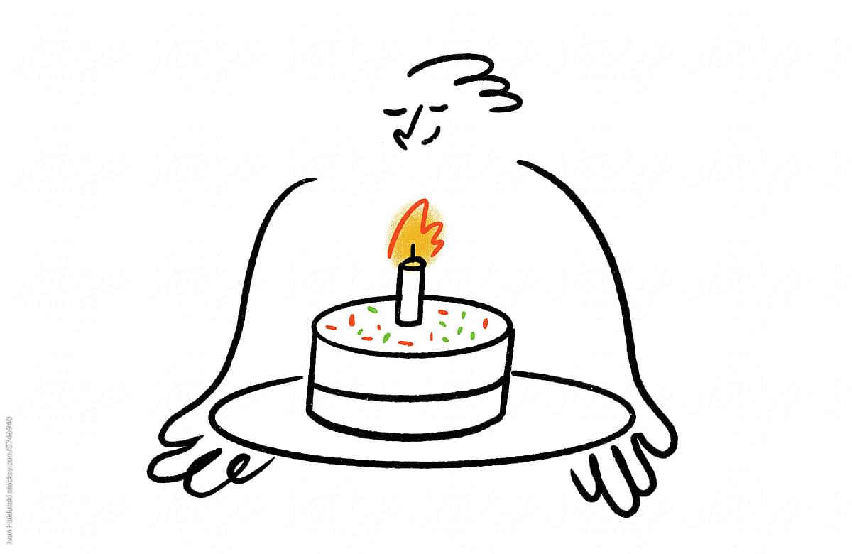 Conceptual illustration of Man blowing out birthday candle on cake.