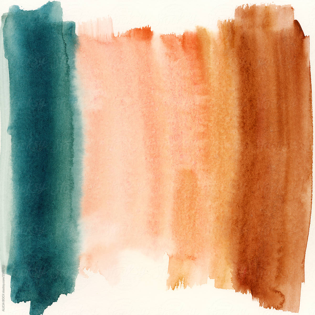 Coral, Teal and Rust Colored Abstract Watercolor Painting