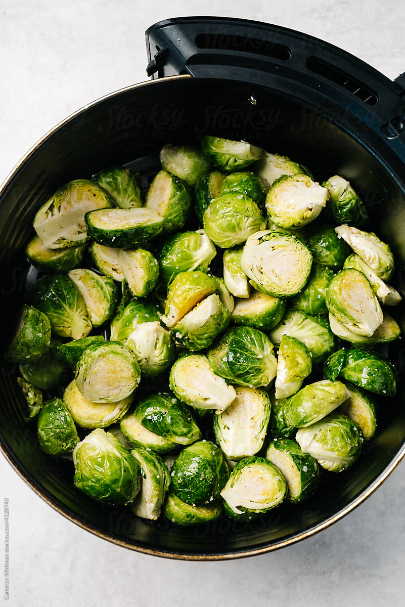 Raw Brussels Sprouts in an air fryer