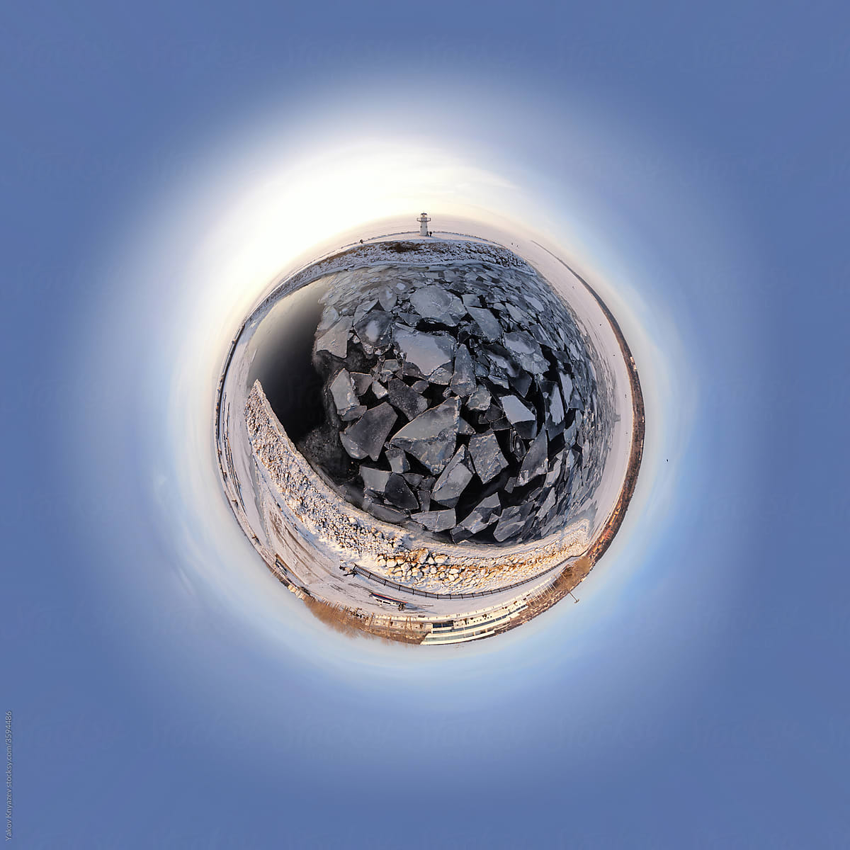 360 panoramic view of a frozen river with ice flows