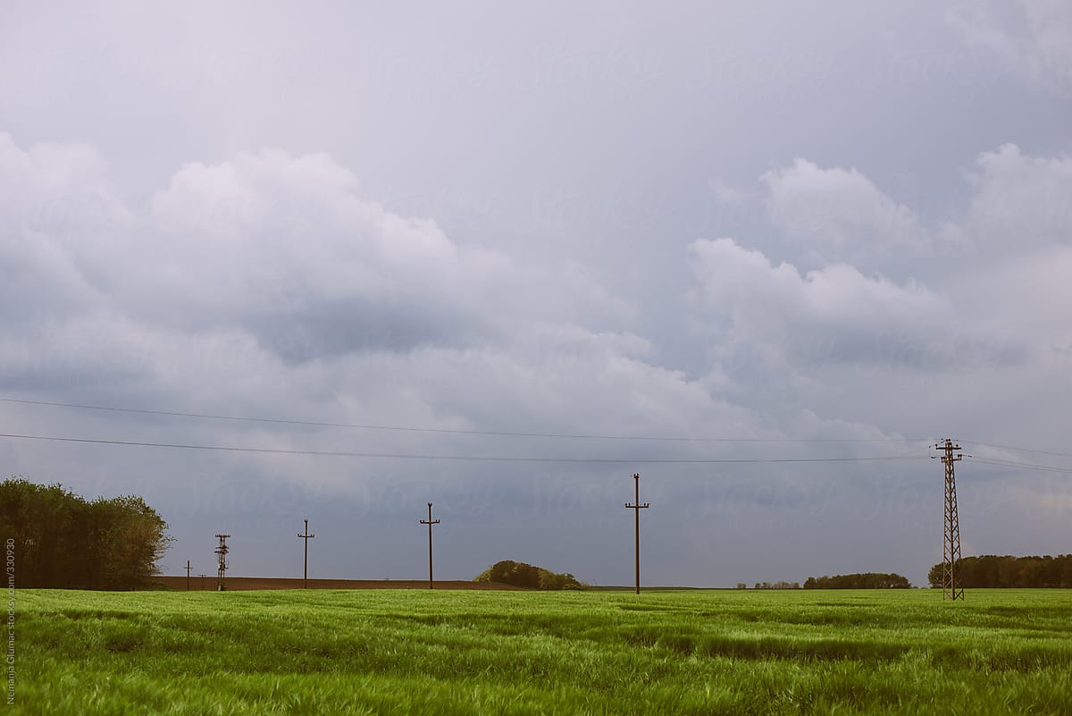 Power Lines in Wheat Field Before the Summer Storm