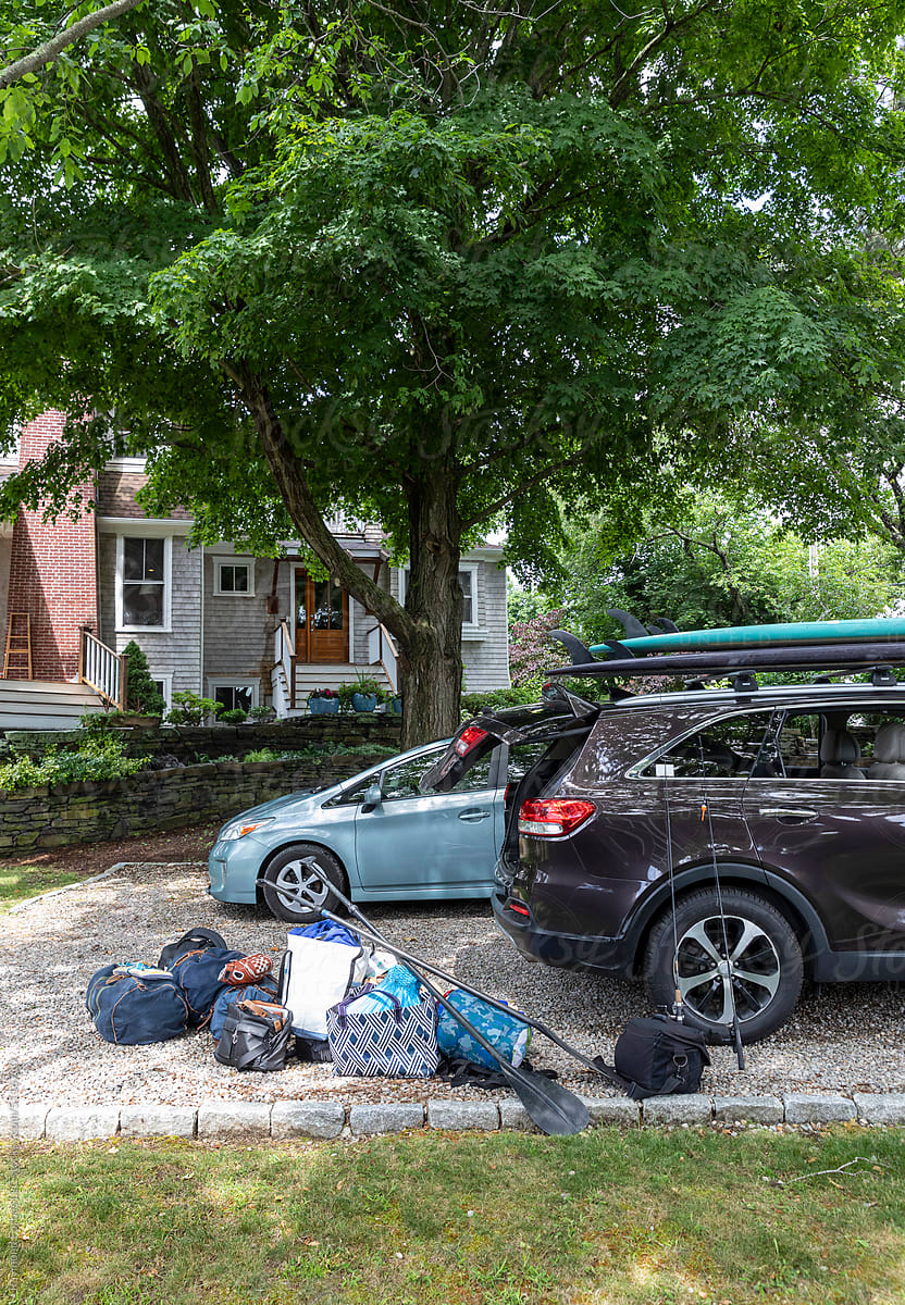 luggage by car for family road trip in summer vacation