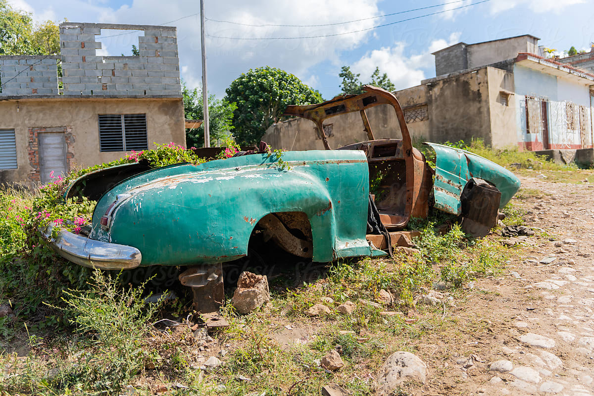 Green Old Car Body Covered By A Climbing Plant