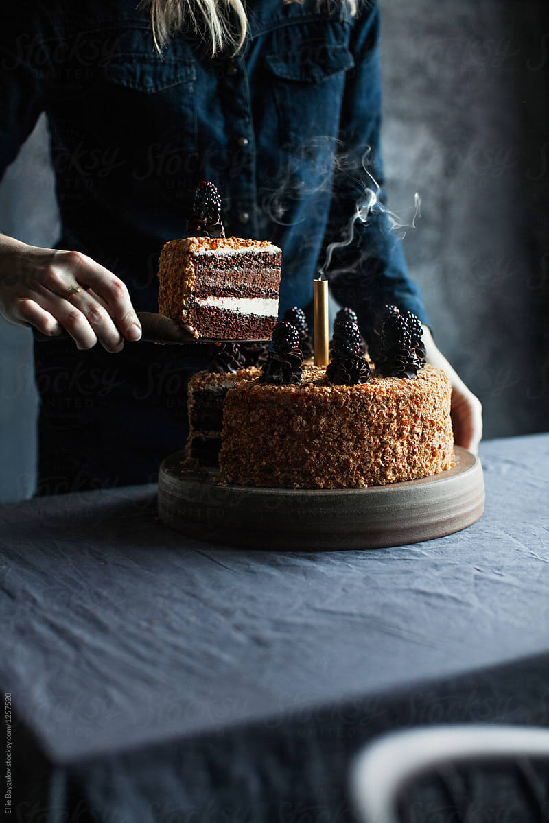 Chocolate mousse cake with hazelnut praline coating